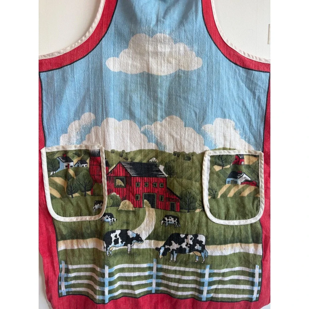 VTG Farm Scene Cotton Country Apron Red Barn Holstein Cow Cottagecore grannycore